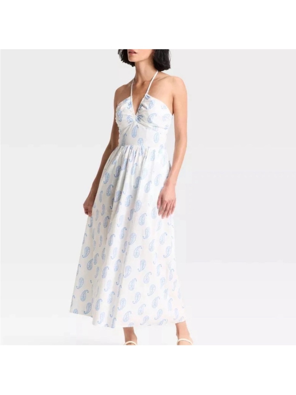 Universal Thread White Halter Midi Dress with Light Blue Paisley